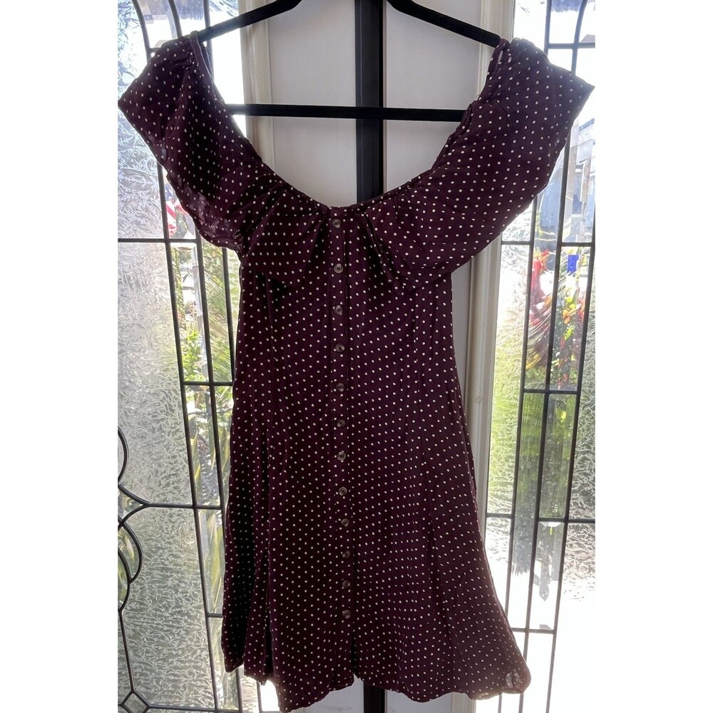 American Eagle Womens Polka Dots Dress Size 4 Brown Off Shoulder Ruffles Mini